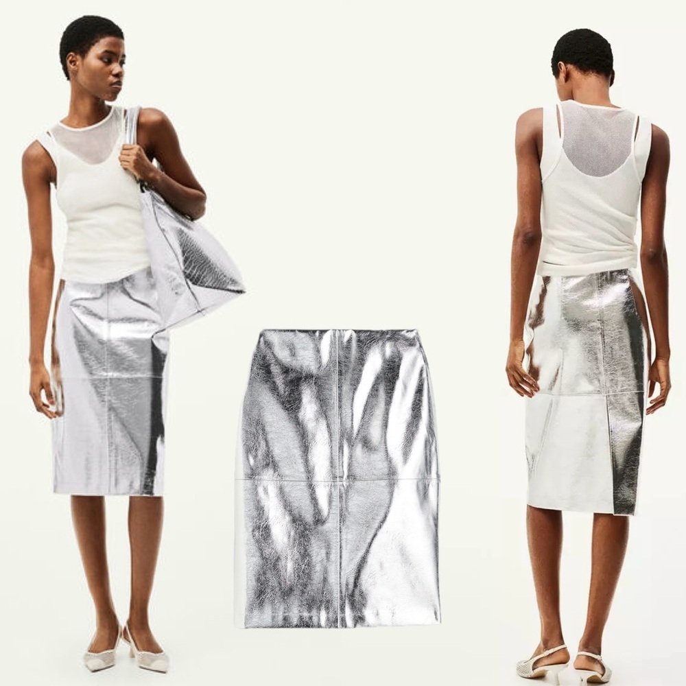 H&M metallic silver foil faux leather pleather pencil skirt Sz 6 NWOT brand new